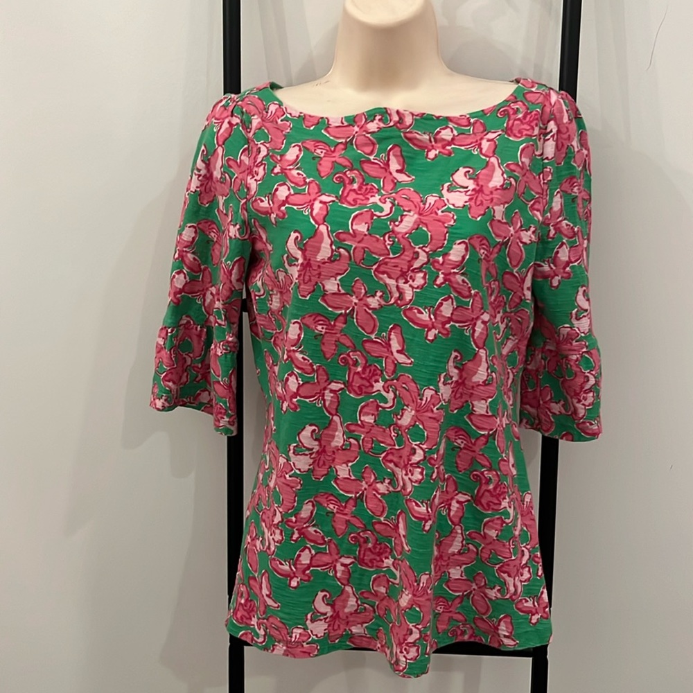Lily Pulitzer Belle Printed Boatneck  Pink Green Top T-shirt Women Size M